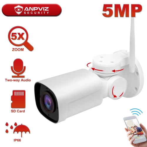 Anpviz 5MP WIFI IP PTZ Camera Bullet 5X Zoom Outdoor Wirelese Security Camera Two-Way Audio Built-in Mic/ Speaker 50m Onvif