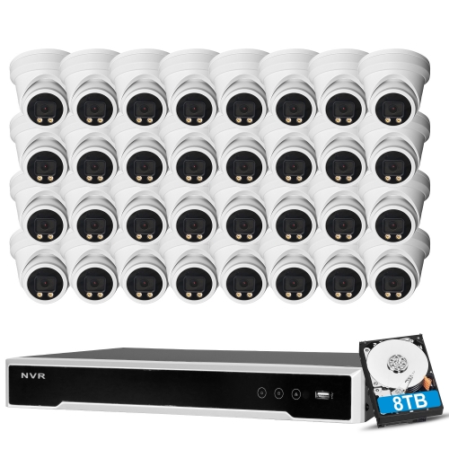 【Full Color Night Vision】Anpviz 8MP IP POE Security Camera System, 32CH H.265 NVR with 8TB HDD And 32pcs 8MP Outdoor IP POE Turret Cameras Home Security System with Audio Recording, Waterproof, 98ft Night Vision, HIK Connect APP White