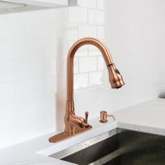 Akicon™ Copper Kitchen Faucet with Soap Dispenser, Single Handle Solid Brass High Arc Pull Down Sprayer Head Kitchen Sink Faucets with Deck Plate