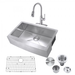 Akicon™ 33" Farmhouse Single Bowl Kitchen Apron Sink and Pull-down Faucet Combo with Drain Assembly with Strainer, Protective Bottom Grid