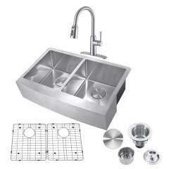 Akicon™ 33" Farmhouse 50/50 Double Bowl Kitchen Apron Sink and Pull-down Faucet Combo with Drain Assembly with Strainer, Protective Bottom Grid