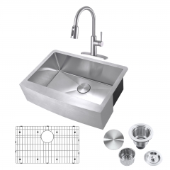 Akicon™ 30" Farmhouse Single Bowl Kitchen Apron Sink and Pull-down Faucet Combo with Drain Assembly with Strainer, Protective Bottom Grid