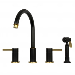 Akicon™ Two-Handles Widespread Kitchen Faucet with Side Sprayer Black + Gold