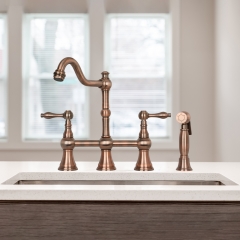 Akicon™ Two-Handles Bridge Kitchen Faucet with Side Sprayer - Antique Copper