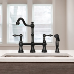 Akicon™ Two-Handles Bridge Kitchen Faucet with Side Sprayer - Matte Black