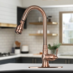 Akicon™ Pull Out Kitchen Faucet with Deck Plate, Single Level Solid Brass Kitchen Sink Faucets with Pull Down Sprayer - Antique Copper
