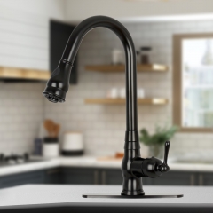 Akicon™ Pull Out Kitchen Faucet with Deck Plate, Single Level Solid Brass Kitchen Sink Faucets with Pull Down Sprayer - Matte Black
