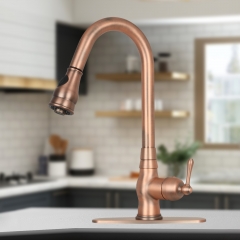 Akicon™ Pull Out Kitchen Faucet with Deck Plate, Single Level Solid Brass Kitchen Sink Faucets with Pull Down Sprayer - American Bronze