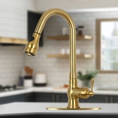 Akicon™ Pull Out Kitchen Faucet with Deck Plate, Single Level Solid Brass Kitchen Sink Faucets with Pull Down Sprayer - Brushed Gold