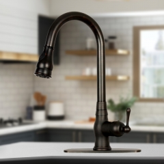 Akicon™ Pull Out Kitchen Faucet with Deck Plate, Single Level Solid Brass Kitchen Sink Faucets with Pull Down Sprayer - Oil Rubbed Bronze