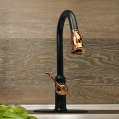 Akicon™ Two-Tone Matte Black & Rose Gold Pull Out Kitchen Faucet with Deck Plate, Single Level Solid Brass Kitchen Sink Faucets with Pull Down Sprayer