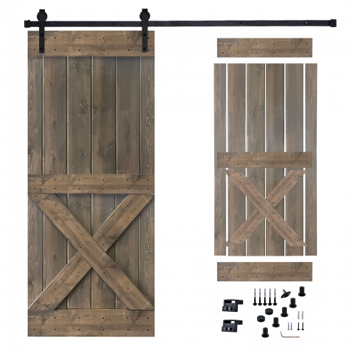 Akicon™ Paneled Solid Wood Stained Mini X Brace Series DIY Single Interior Barn Door with Sliding Hardware Kit; Pre-Drilled Ready to Assemble