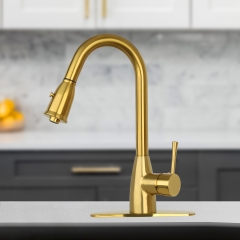Akicon™ Brushed Gold Pull Out Kitchen Faucet with Deck Plate, Single Level Solid Brass Kitchen Sink Faucets with Pull Down Sprayer