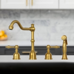 Akicon™ Two-Handles Widespread Kitchen Faucet with Side Sprayer- Brushed Gold