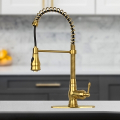 Akicon™ Pre-Rinse Spring Kitchen Faucet , Single Handle Solid Brass High Arc Pull Down Sprayer Head Kitchen Sink Faucet with Deck Plate - Brushed Gold