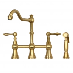 Akicon™ Two-Handles Bridge Kitchen Faucet with Side Sprayer - Brushed Gold