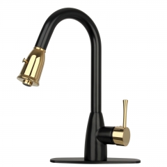 Akicon™ Two-Tone Matte Black & Gold Pull Out Kitchen Faucet with Deck Plate, Single Level Solid Brass Kitchen Sink Faucets with Pull Down Sprayer
