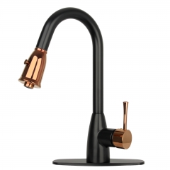 Akicon™ Two-Tone Matte Black & Rose Gold Pull Out Kitchen Faucet with Deck Plate, Single Level Solid Brass Kitchen Sink Faucets with Pull Down Sprayer