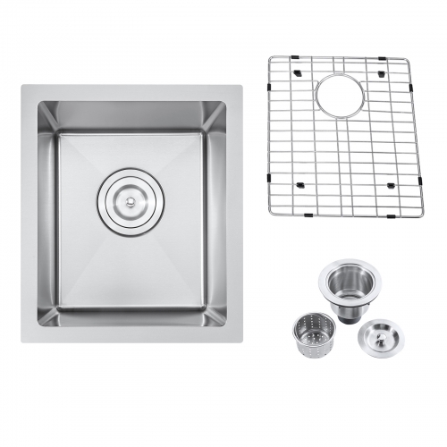 Akicon™ 15" Undermount Single Bowl Stainless Steel Handmade Kitchen Bar/Prep Sink with Grid and Drain Assembly Strainer