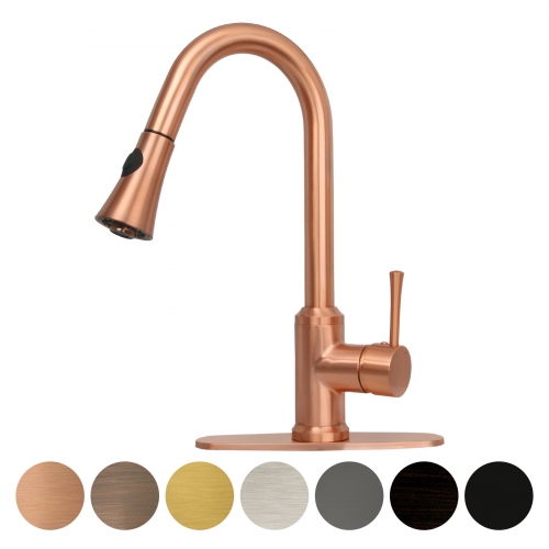 Akicon™ Copper Pull Out Kitchen Faucet with Deck Plate, Single Level Solid Brass Kitchen Sink Faucets with Pull Down Sprayer