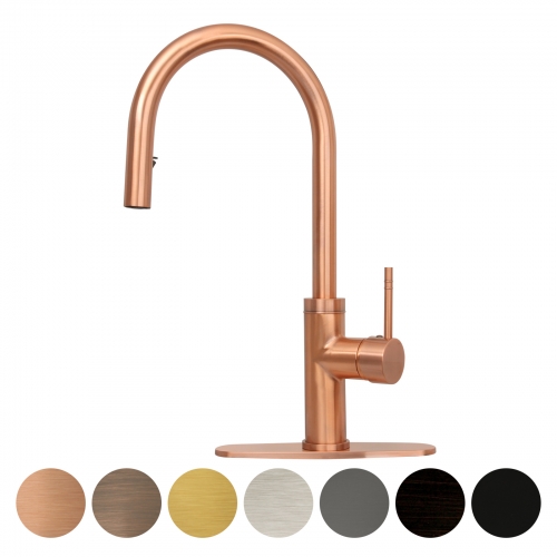 Akicon™ Copper Pull Out Kitchen Faucet with Deck Plate, Single Level Solid Brass Kitchen Sink Faucets with Pull Down Sprayer