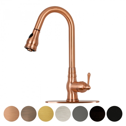 Akicon™ Pull Out Kitchen Faucet with Deck Plate, Single Level Solid Brass Kitchen Sink Faucets with Pull Down Sprayer - Copper