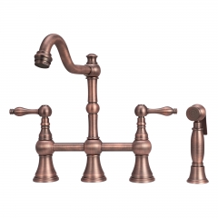 Akicon™ Two-Handles Bridge Kitchen Faucet with Side Sprayer, Solid Brass Kitchen Sink Faucet - Antique Bronze