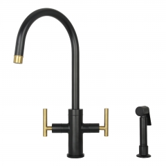 Akicon™ Two-Handle Matte Black & Brushed Gold Widespread Kitchen Faucet with Side Sprayer