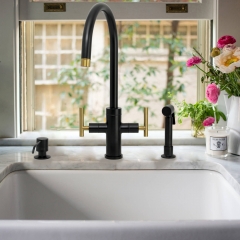 Akicon™ Two-Handle Matte Black & Brushed Gold Widespread Kitchen Faucet with Side Sprayer