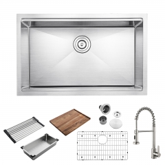 30-inch Undermount Handmade Workstation 304 Stainless Steel Kitchen Sink Single Bowl Basin Faucet Combo in With Cutting board drying rack and Strainer