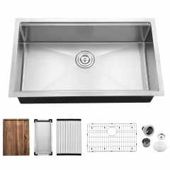 32-inch Undermount Handmade Workstation 304 Stainless Steel Kitchen Sink Single Bowl Basin With Grid cutting board colander drying rack and Strainer