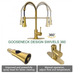 Akicon™ Brushed Gold Pre-Rinse Spring Kitchen Faucet, Single Level Solid Brass Kitchen Sink Faucets with Pull Down Sprayer
