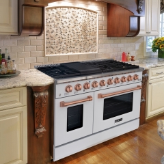 Akicon 48" Slide-in Freestanding Professional Style Gas Range with 6.7 Cu. Ft. Oven, 8 Burners, Convection Fan, Cast Iron Grates. White