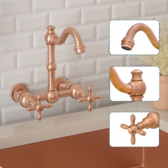 Akicon Bathroom Faucets - Solid Brass Wall Mount Bathroom Sink Faucet with 2 Cross Handles, Copper Bathroom Faucet - AK41718N1