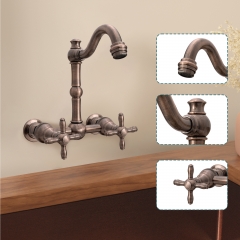 Akicon Bathroom Faucets - Solid Brass Wall Mount Bathroom Sink Faucet with 2 Cross Handles, Copper Bathroom Faucet - AK41718N1