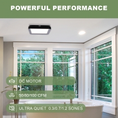 Bathroom Exhaust Fan with 15W Dimmable 3CCT LED Light & 7W 2-Color Night Light, Ventilation Fan, 50-80-100 CFM, Square, Matte Black