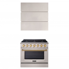 Akicon 36" Stainless Steel Range Hood with 600 CFM Insert & 6-Burner Gas Range Combo – Powerful Ventilation, Convection Oven, Multiple Finishes