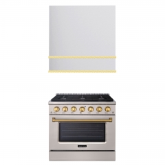 Akicon 36" Stainless Steel Range Hood with 600 CFM Insert & 6-Burner Gas Range Combo – Powerful Ventilation, Convection Oven, Multiple Finishes