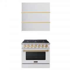 Akicon 36" Stainless Steel Range Hood with 600 CFM Insert & 6-Burner White Gas Range Combo – Powerful Ventilation, Convection Oven, Multiple Finishes