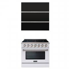 Akicon 36" Stainless Steel Range Hood with 600 CFM Insert & 6-Burner White Gas Range Combo – Powerful Ventilation, Convection Oven, Multiple Finishes