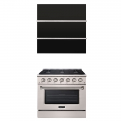 Akicon 36" Stainless Steel Range Hood with 600 CFM Insert & 6-Burner Gas Range Combo – Powerful Ventilation, Convection Oven, Multiple Finishes