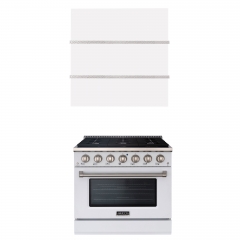 Akicon 36" Stainless Steel Range Hood with 600 CFM Insert & 6-Burner White Gas Range Combo – Powerful Ventilation, Convection Oven, Multiple Finishes