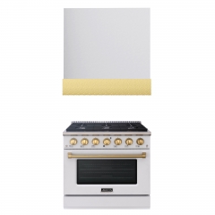 Akicon 36" Stainless Steel Range Hood with 600 CFM Insert & 6-Burner White Gas Range Combo – Powerful Ventilation, Convection Oven, Multiple Finishes
