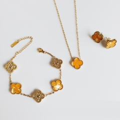Fashion Popular Stainless Steel Four Leaf Clover Jewelry Necklace Earrings Bracelet  3-piece VCA Jewelry Set Wholesale for Women