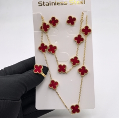 13MM Fashion Popular Stainless Steel Four Leaf Clover Jewelry Necklace Earrings Bracelet  ring 4-piece VCA Jewelry Set Wholesale for Women