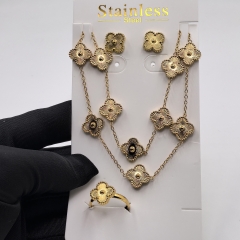 13MM Fashion Popular Stainless Steel Four Leaf Clover Jewelry Necklace Earrings Bracelet  ring 4-piece VCA Jewelry Set Wholesale for Women