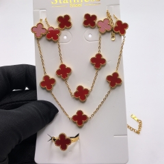 13MM Fashion Popular Stainless Steel Four Leaf Clover Jewelry Necklace Earrings Bracelet  ring 4-piece VCA Jewelry Set Wholesale for Women