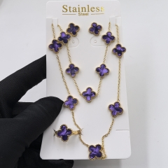 13MM Fashion Popular Stainless Steel Four Leaf Clover Jewelry Necklace Earrings Bracelet  ring 4-piece VCA Jewelry Set Wholesale for Women