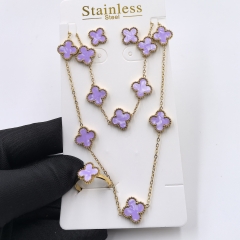 13MM Fashion Popular Stainless Steel Four Leaf Clover Jewelry Necklace Earrings Bracelet  ring 4-piece VCA Jewelry Set Wholesale for Women