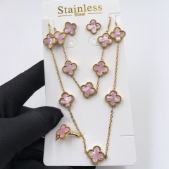 13MM Fashion Popular Stainless Steel Four Leaf Clover Jewelry Necklace Earrings Bracelet  ring 4-piece VCA Jewelry Set Wholesale for Women